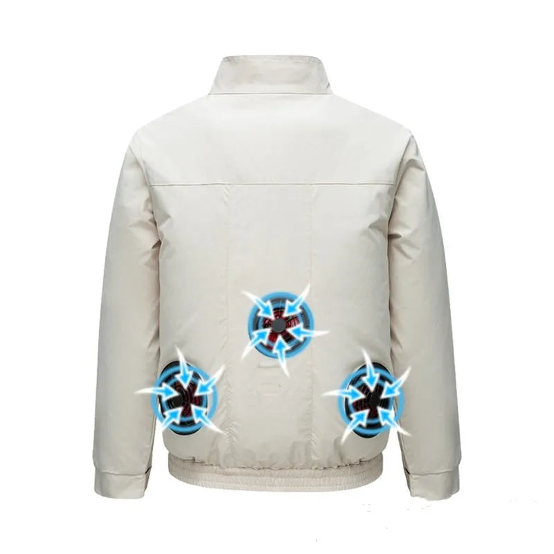 Men's smart air conditioning outdoor work jacket with fan ventilation holes in black.