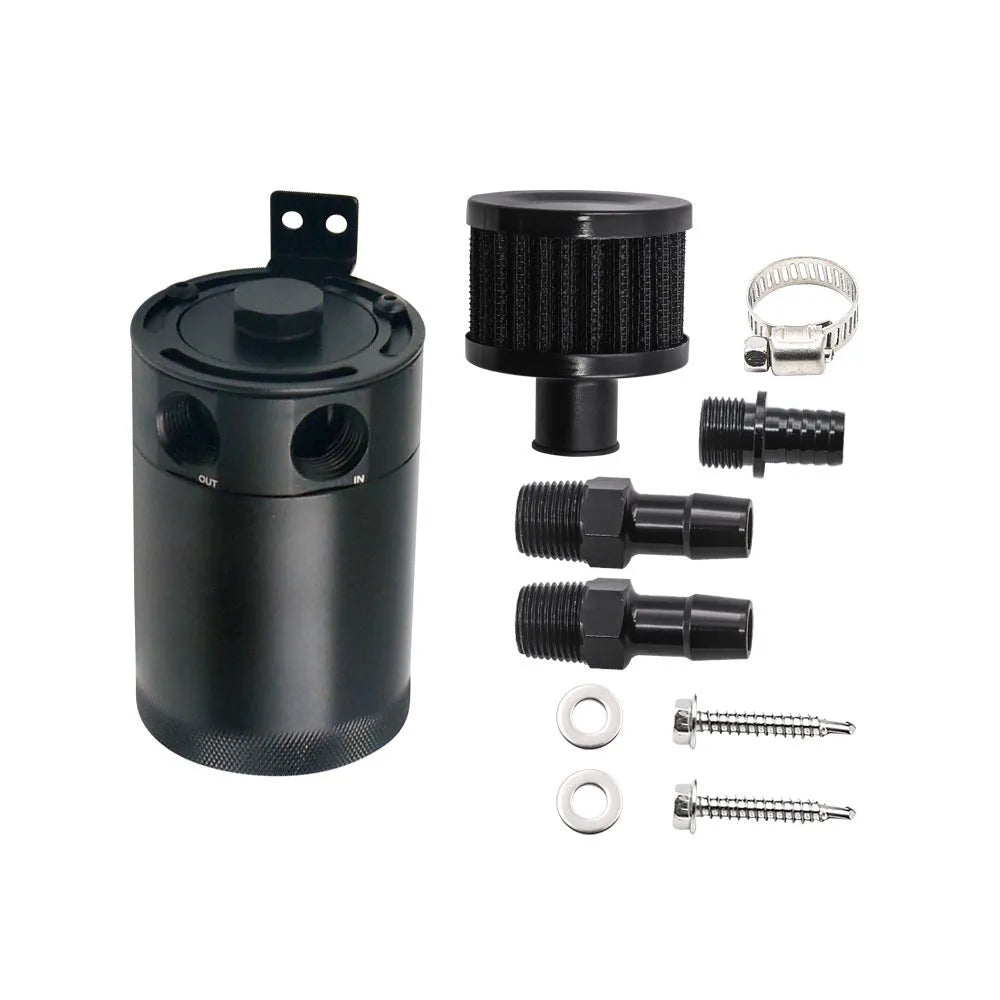 Black aluminium automotive oil pot with two-hole breather design and connectors