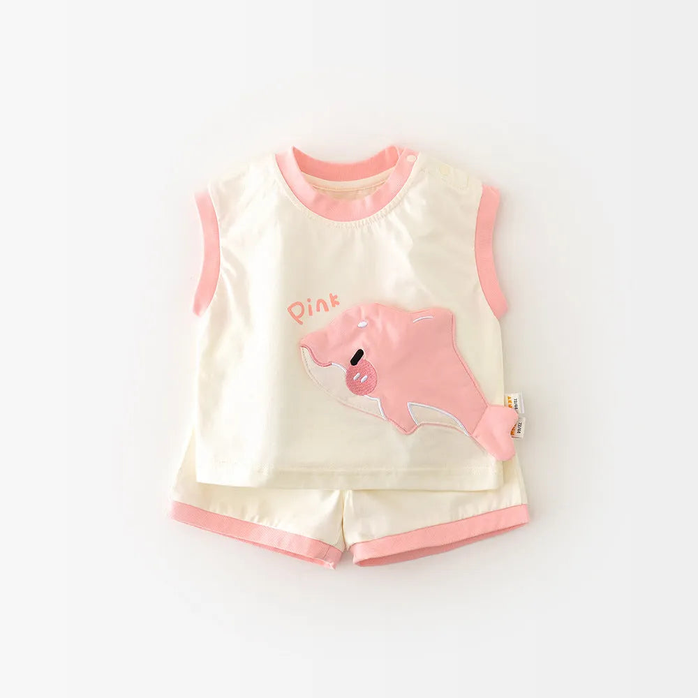 Blue shark cartoon vest and shorts set for toddlers, cotton blend pullover summer suit