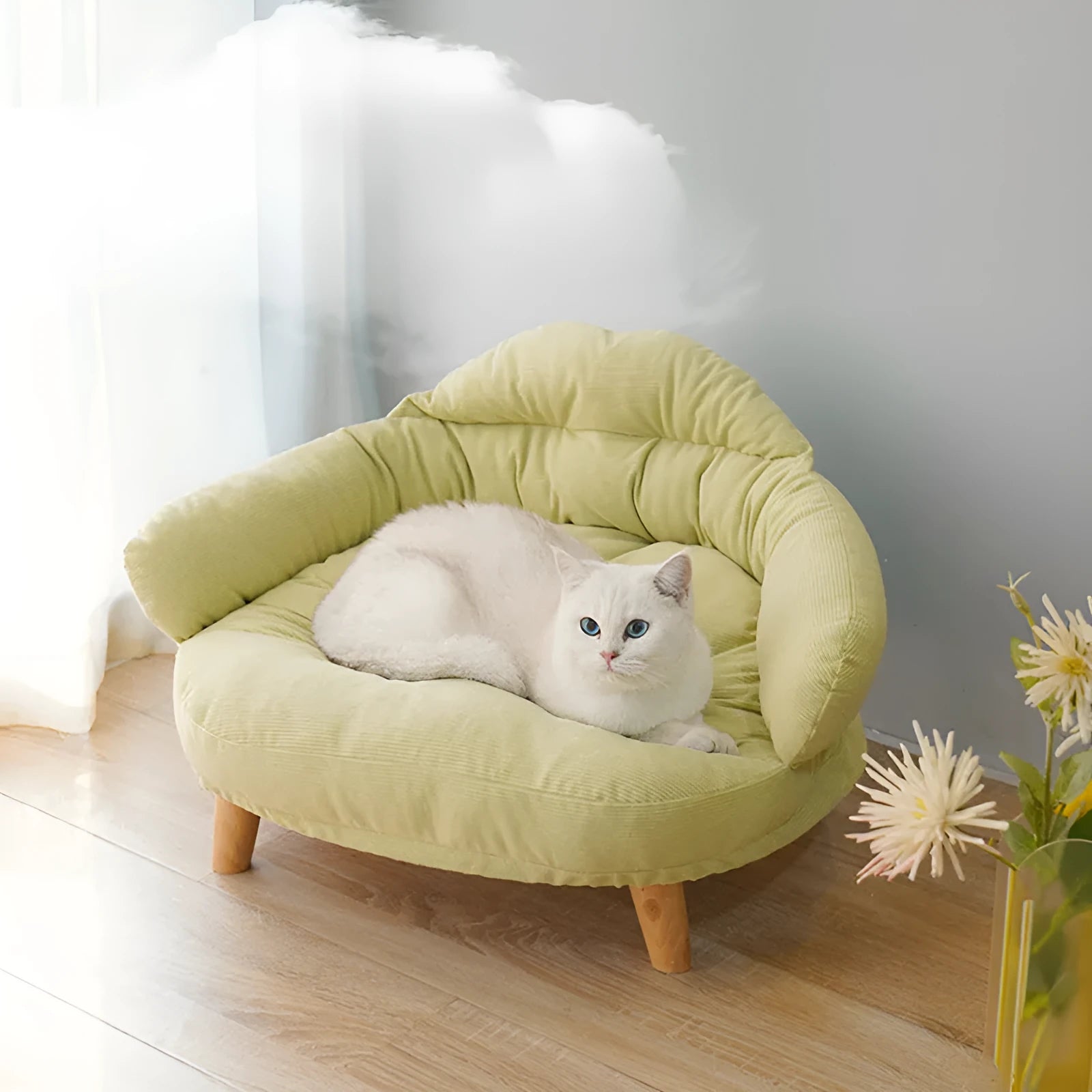 Solid wood off ground cat bed in green with thickened animal bed construction