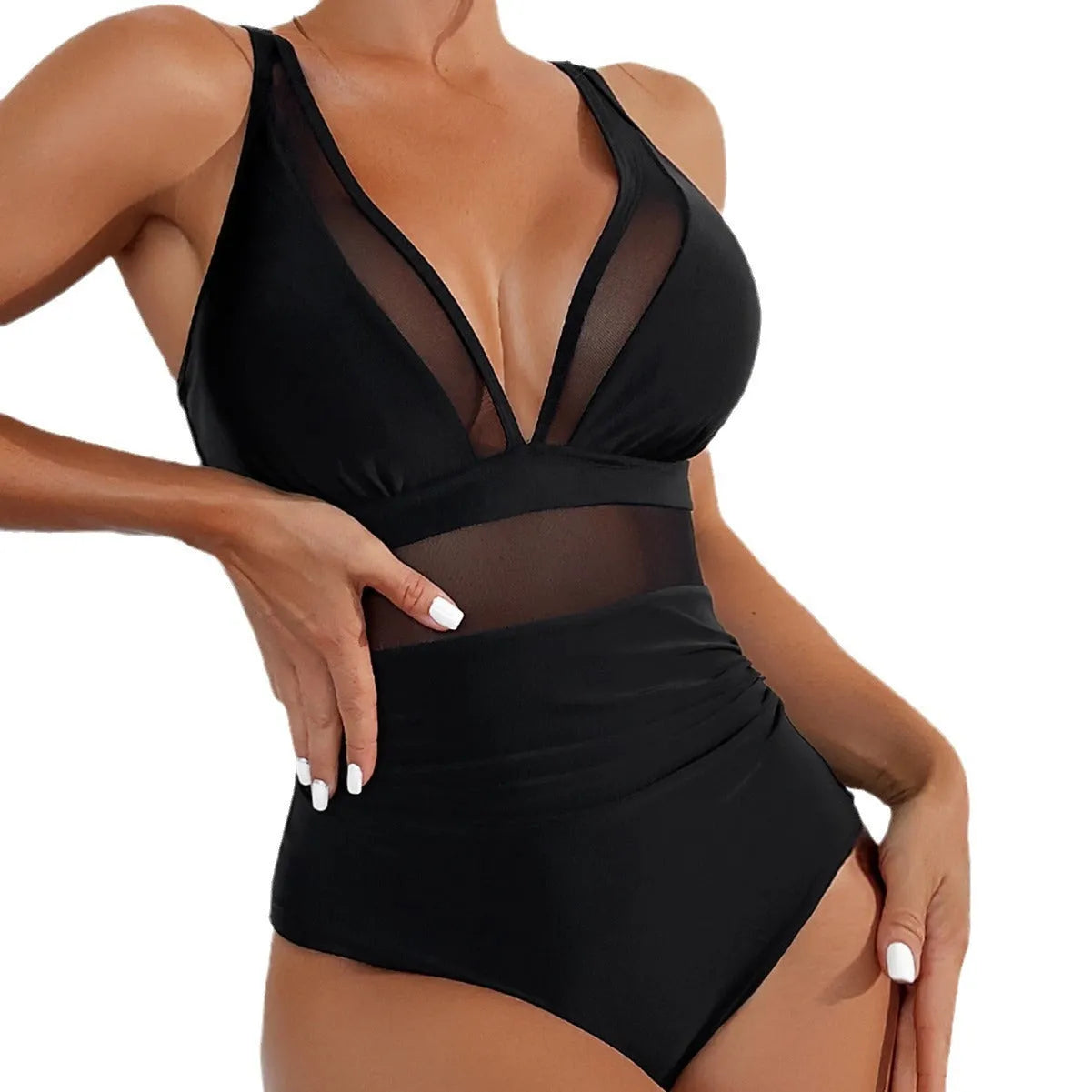 Black women's halter one-piece swimsuit with briefs cut in nylon fabric