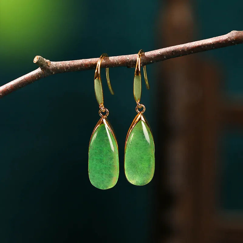 Geometric Chinese style copper earrings with electroplated CP798 jade colour and water droplet design elements