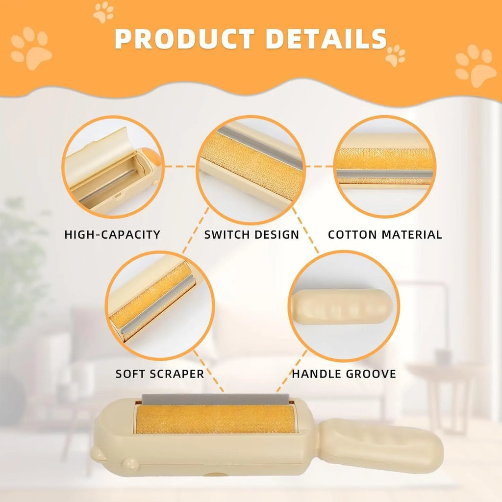 Blue reusable pet hair remover roller with self-cleaning base on a carpet.