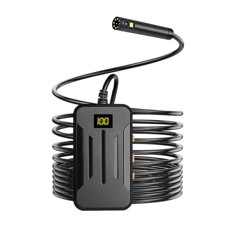 F300 wireless endoscope with dual-lens camera, hook, and magnet accessories on a smartphone displaying a live feed.