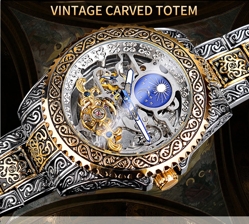 Forsining yellow gold skeleton tourbillon mechanical watch with stainless steel band