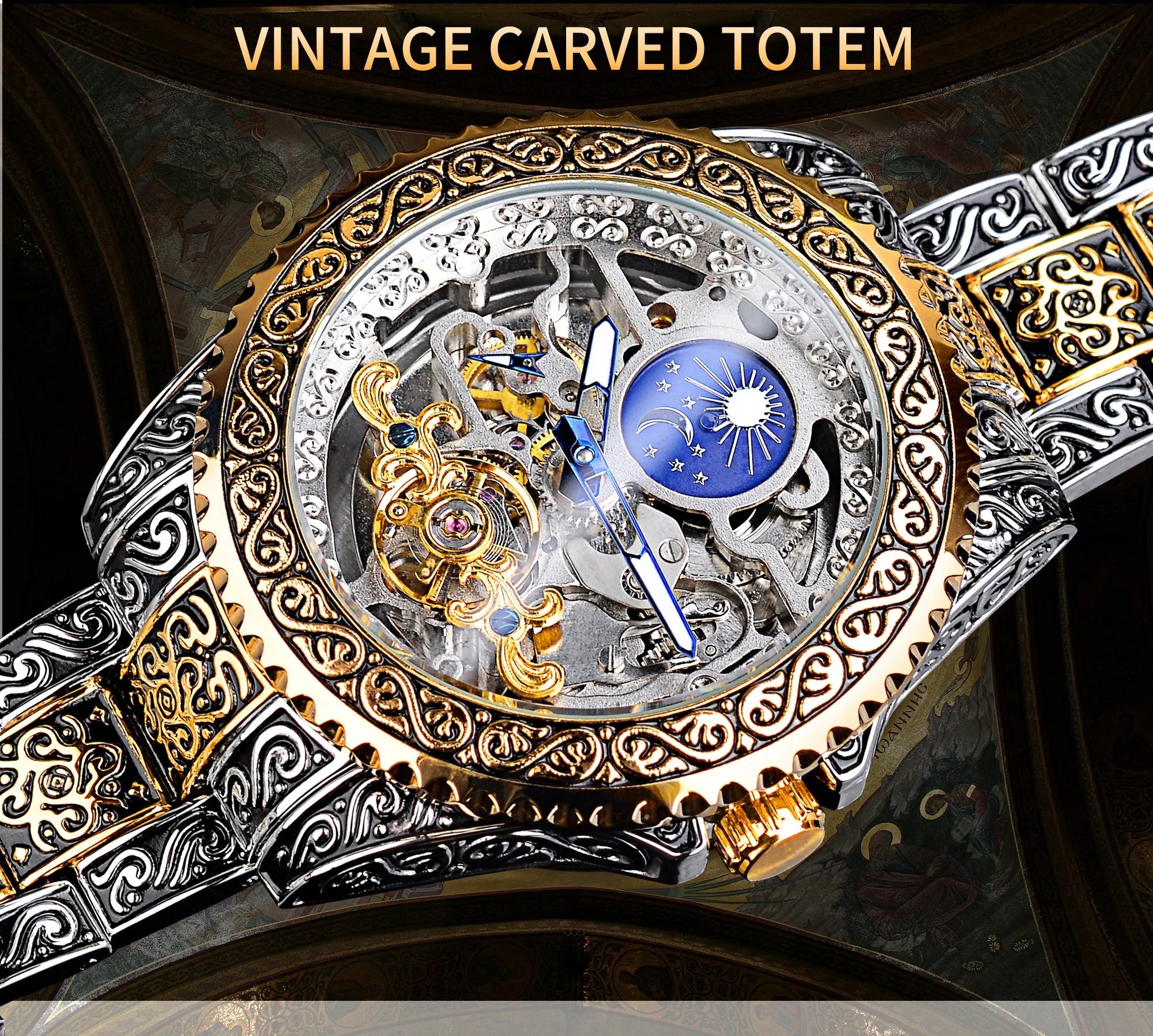 Forsining yellow gold skeleton tourbillon mechanical watch with stainless steel band
