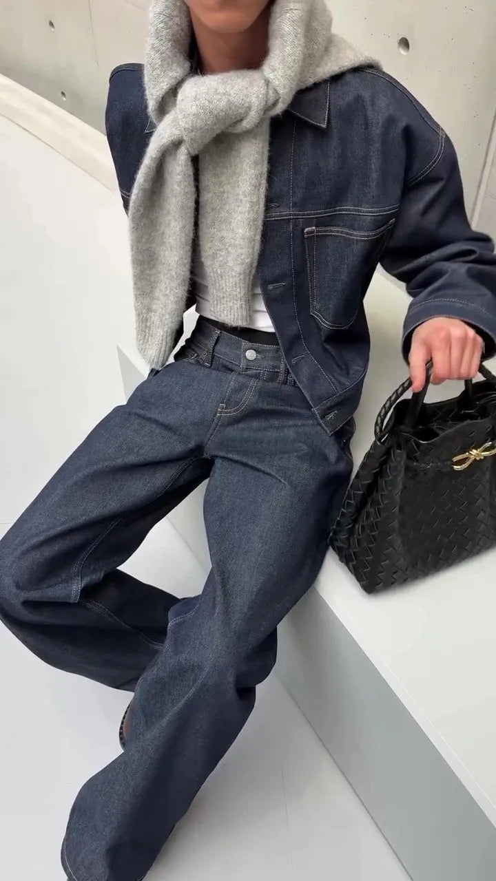 Blue denim oversized jacket and wide-leg pants set for women, casual daily wear with regular fit