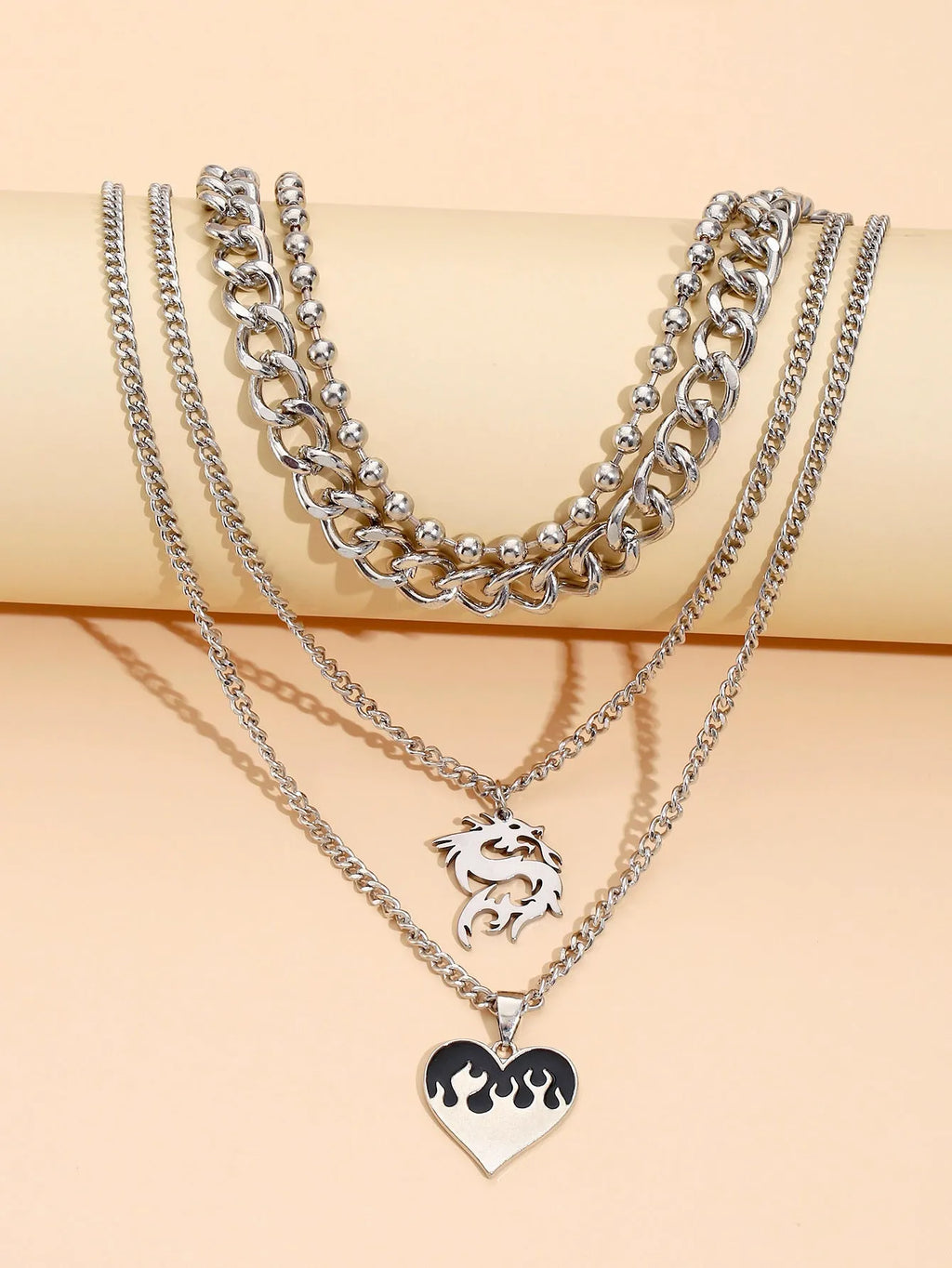 Women's alloy silver love dragon geometric pendant necklace on adjustable clavicle chain