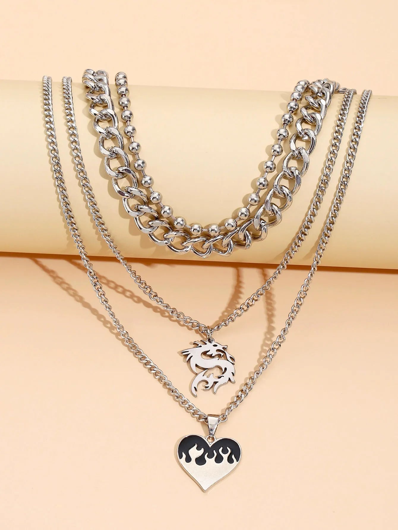 Women's alloy silver love dragon geometric pendant necklace on adjustable clavicle chain