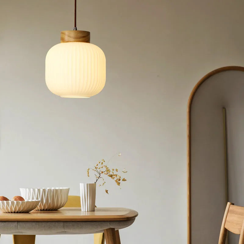 Retro Nordic style wooden pendant ceiling light with visible timber construction.