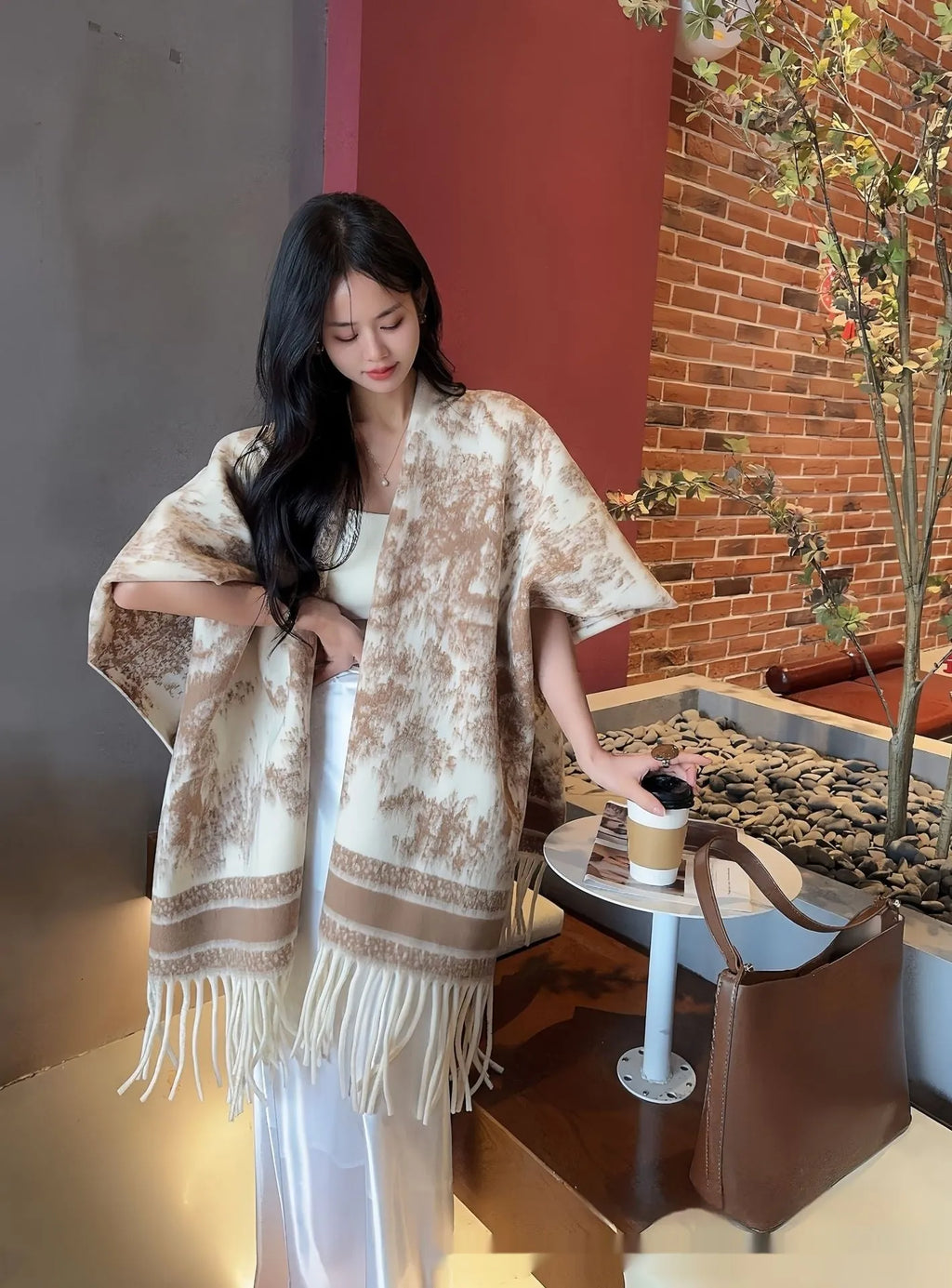 Women's polyester scarf cape with tassel fringe trim in casual shawl style