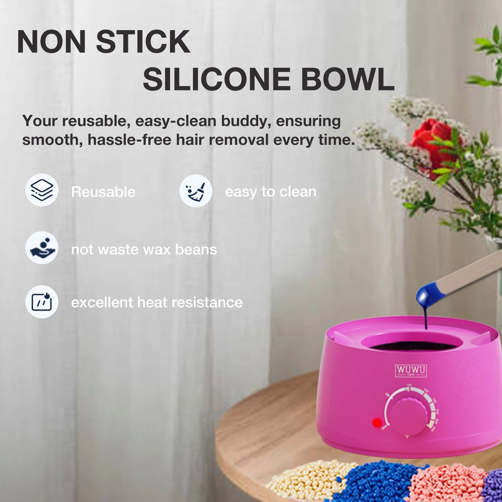 Professional waxing kit with wax warmer, pots of coloured wax beans, application sticks, lotion, and cooling masks on a pink background.