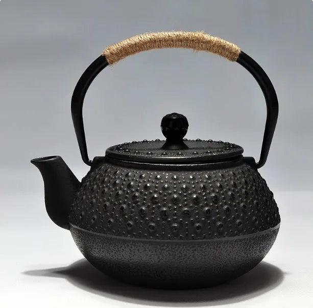 Cast iron teapot with Japanese-style decorative pattern and 0.9-litre capacity for brewing tea