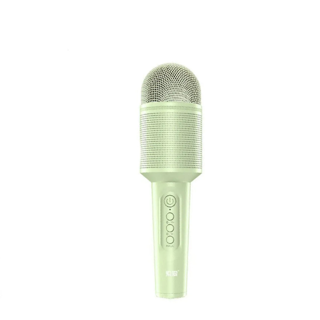 Bluetooth karaoke microphone with integrated speaker in pink, blue, or green colour.