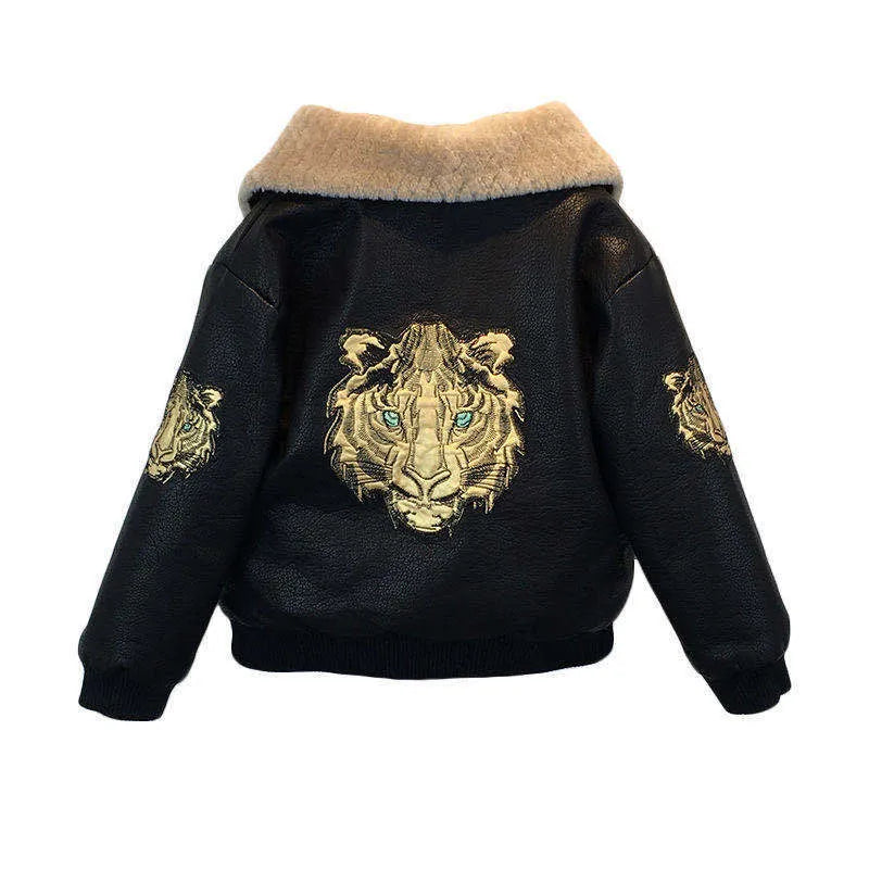 Fashion children's long-sleeved plus velvet PU leather jacket for boys, black, lapel collar, zipper closure