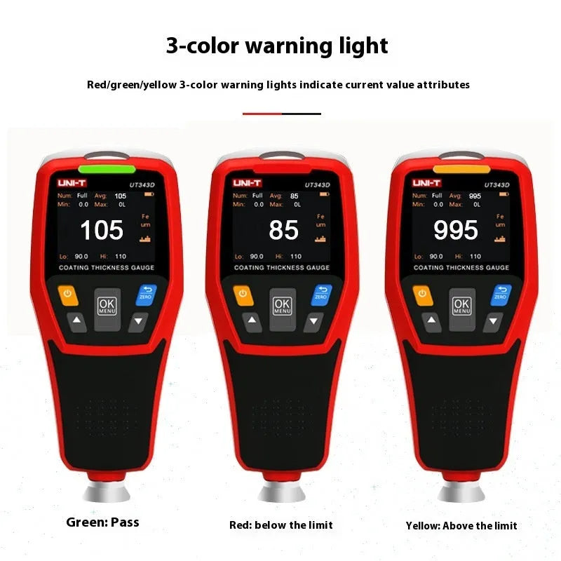 Coating thickness gauge with digital display showing measurement value on a surface