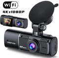 Standard black front and rear dash camera with 1.5-inch screen on a car windscreen.