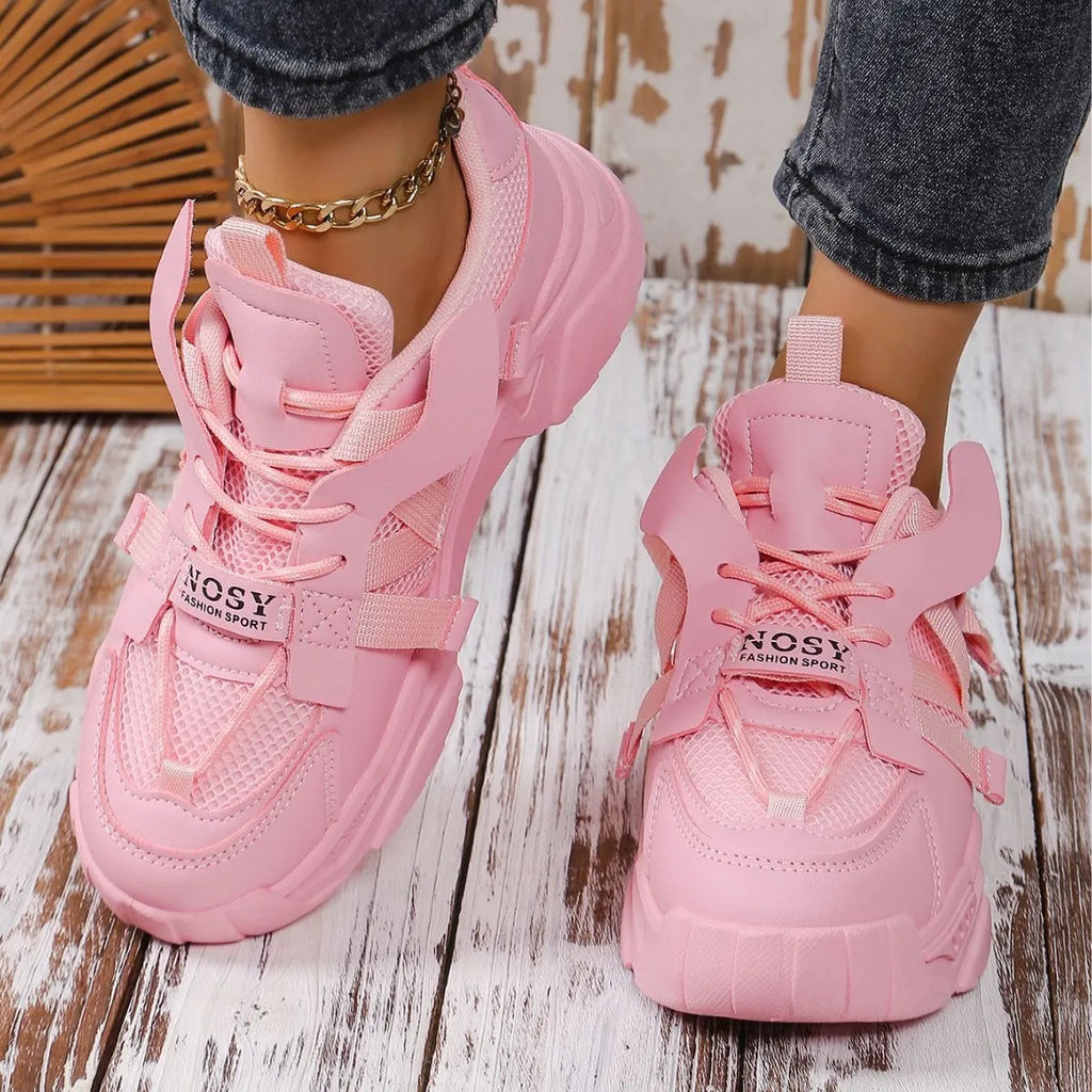 Women's purple platform mesh dad shoes with breathable upper and front lace-up design