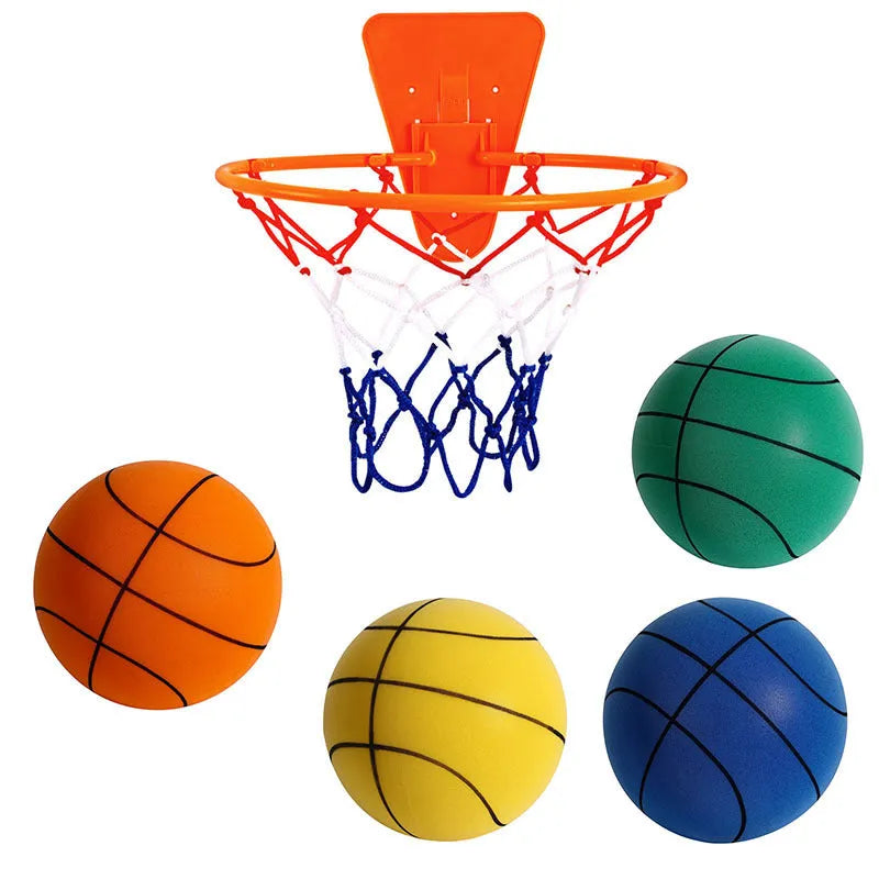Silent foam indoor basketball in assorted colours with basketball frame