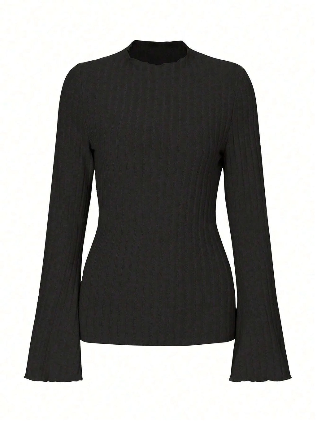 Long sleeve round neck top in black with sunken stripe pattern and lantern sleeves