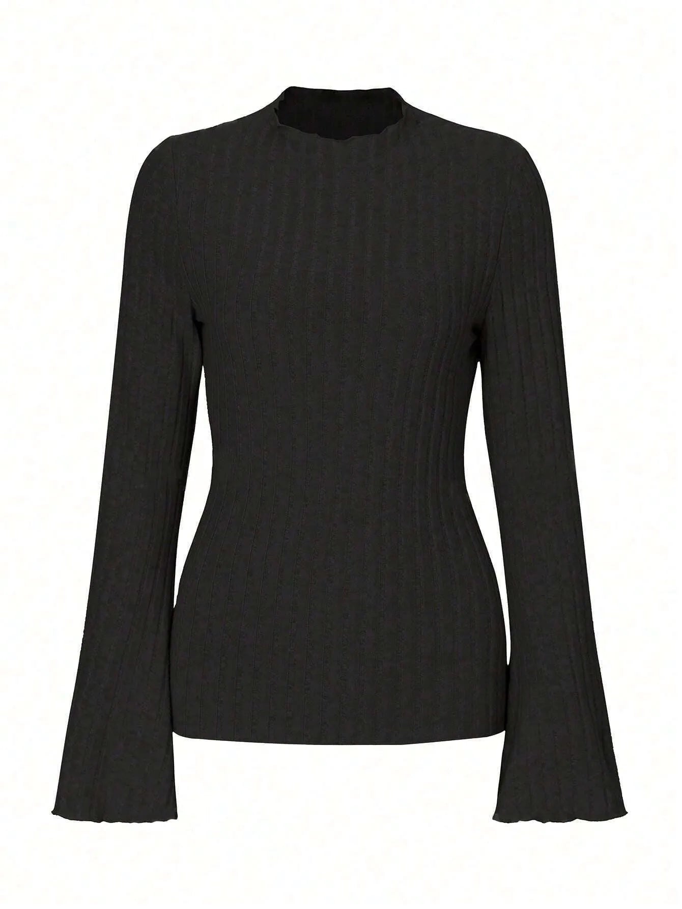 Long sleeve round neck top in black with sunken stripe pattern and lantern sleeves