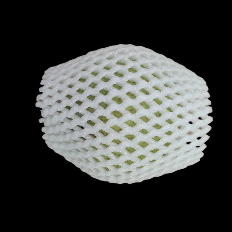 White foam net cover for fruit protection shown in various sizes on a table.