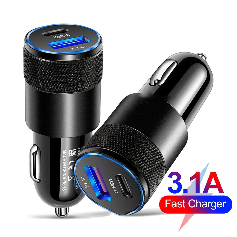 Aluminium alloy mobile phone car charger with ABS housing in black or black silver finish
