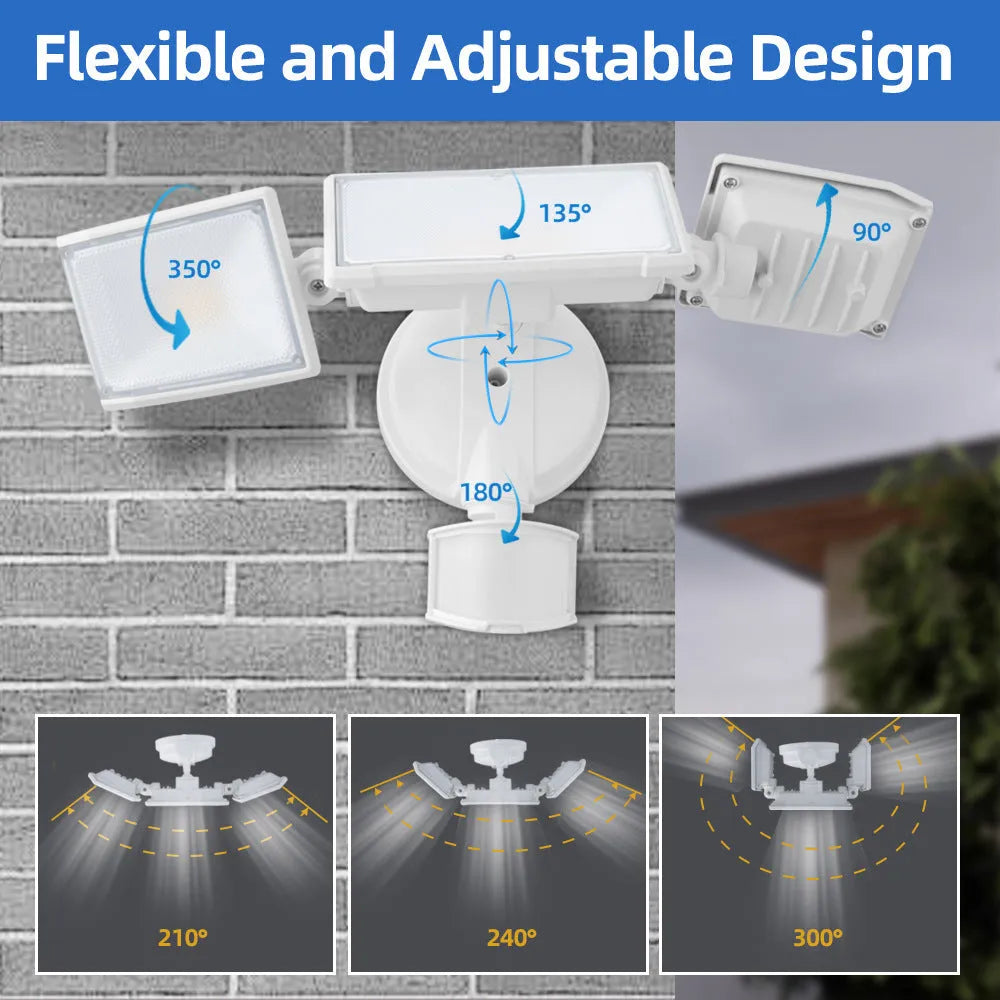 White or black outdoor LED flood light with motion sensor for wall or ceiling mounting.