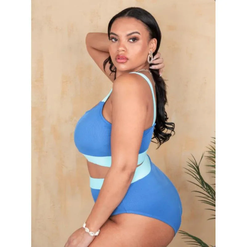Solid colour women's high-waist bikini split swimsuit set in polyester fabric.