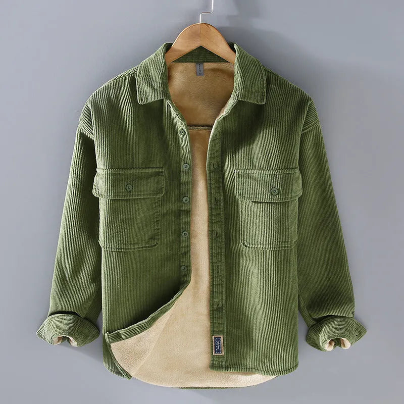 Men's fleece lined corduroy coat shirt in khaki, loose fit, long sleeves, non-iron