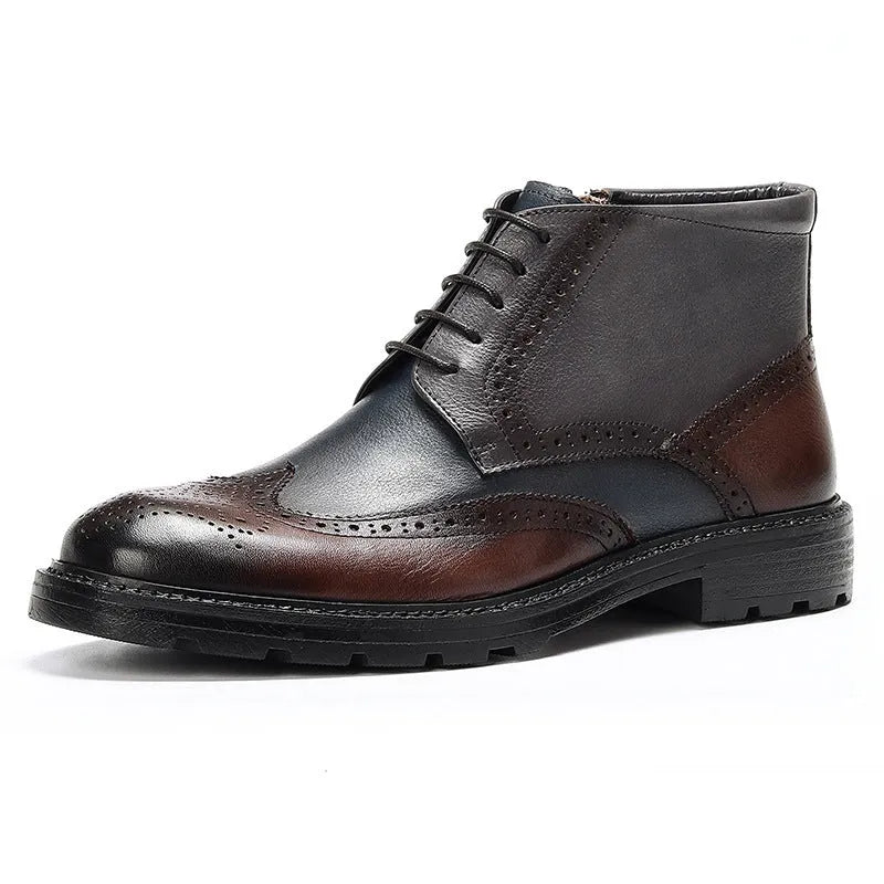 Men's Coffee Blue leather brogue boots with stitching detail and a low square heel.
