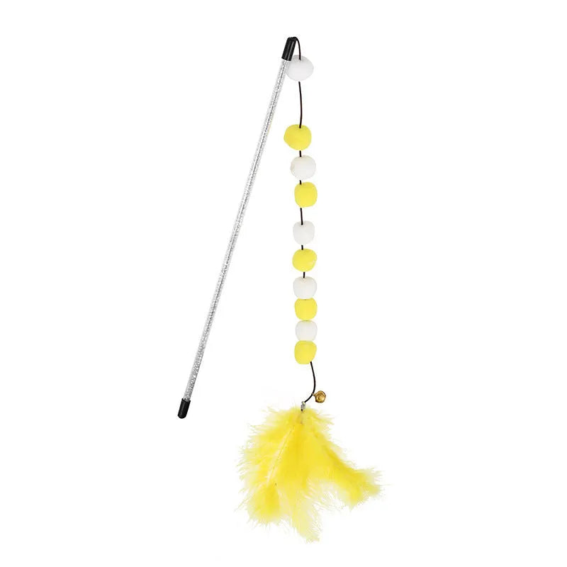 Colourful cat teaser stick with acrylic pompons and feather attachments measuring 31cm long
