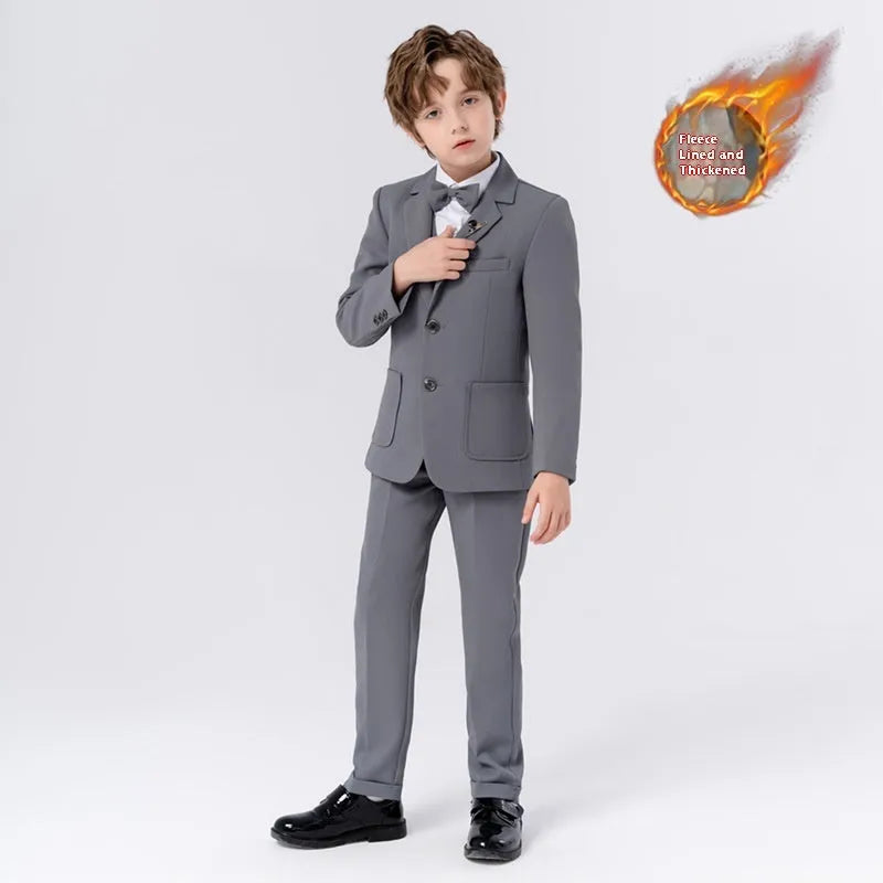 Boys British solid colour suit dress set with single-breasted jacket, long sleeves, vest, bow tie, and brooch in beige blue or gray