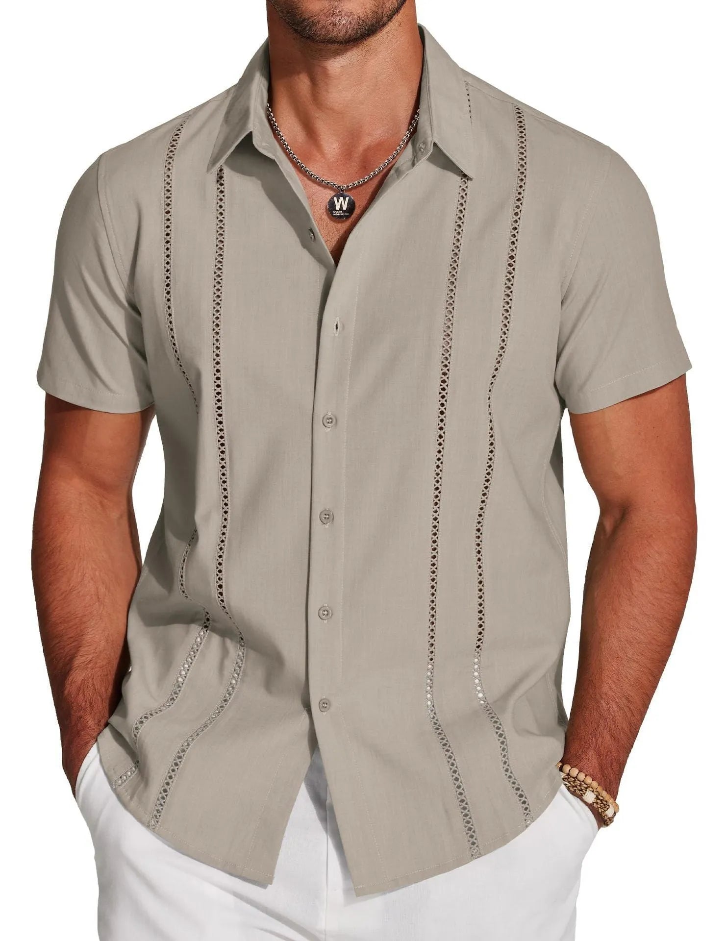 Men's slim fit Hawaiian short sleeve shirt in polyester fabric with digital printing