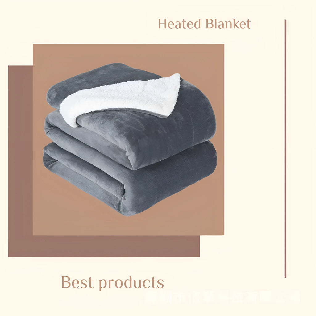 Grey flannel USB electric heating blanket showing temperature controls and 70x100cm dimensions