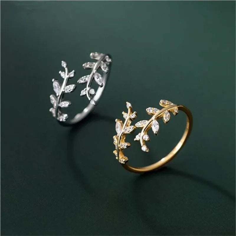 Women's copper branch ring with geometric leaf design in electroplated gold or silver finish