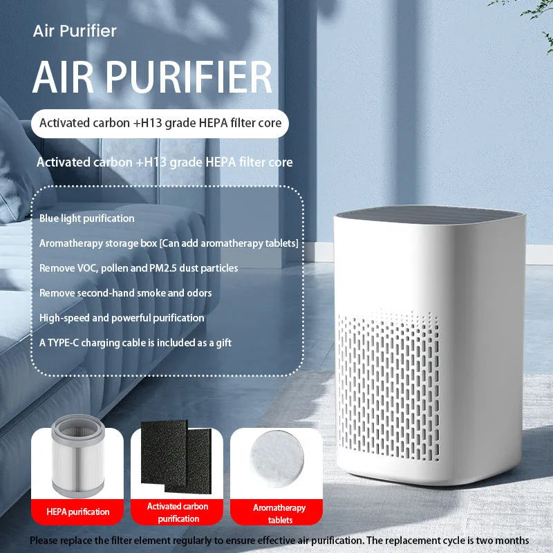 Simple style desktop air purifier with USB port and filter for small rooms.