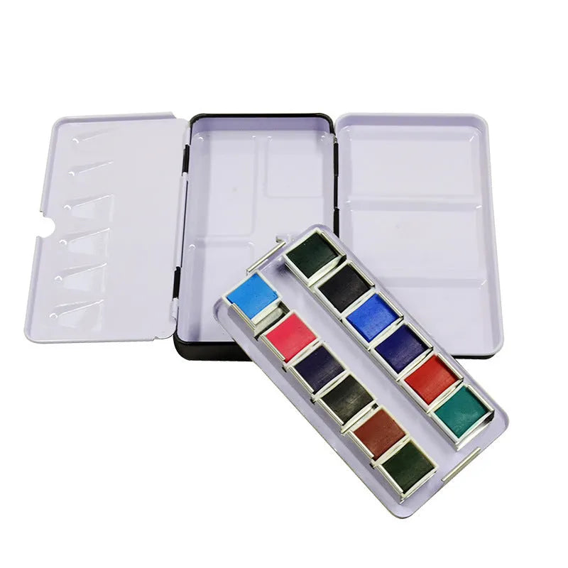 Solid square tinplate watercolour paint box with a three-fold empty interior.