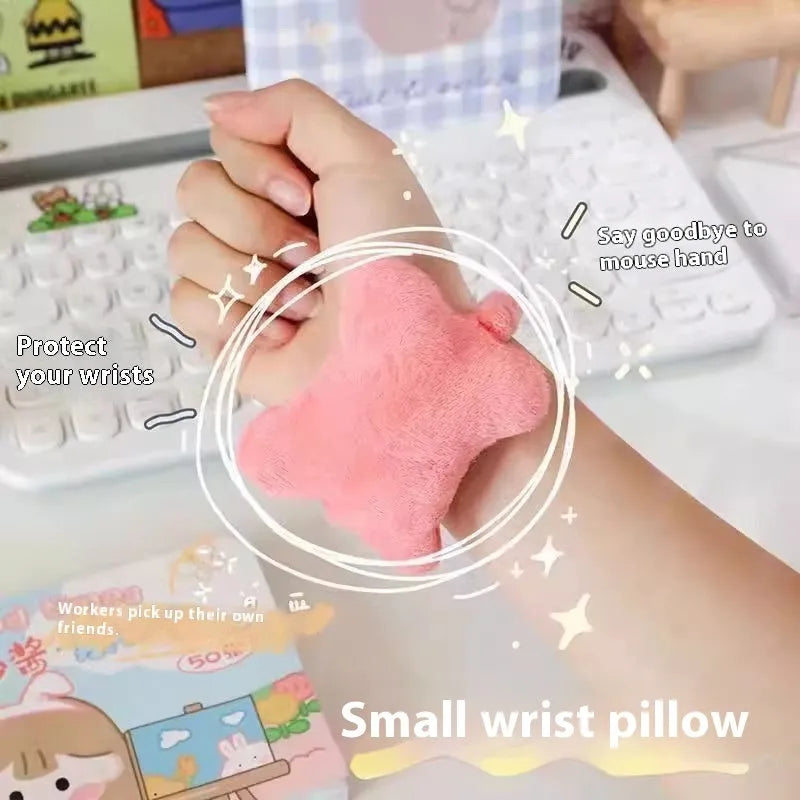 Polyester plush mouse pad wrist protector in blue, green, and pink colour options