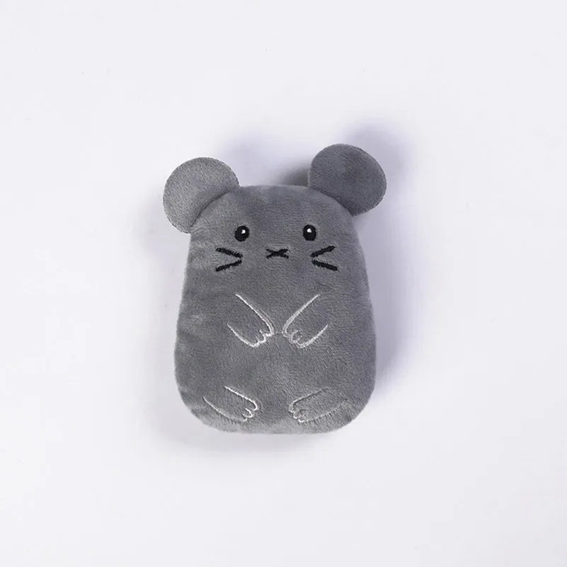 Set of four colourful plush catnip toys for chewing and interactive play with vocal sounds