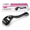 Black and purple derma rollers with titanium microneedles, showing size options from 0.2mm to 1.0mm.
