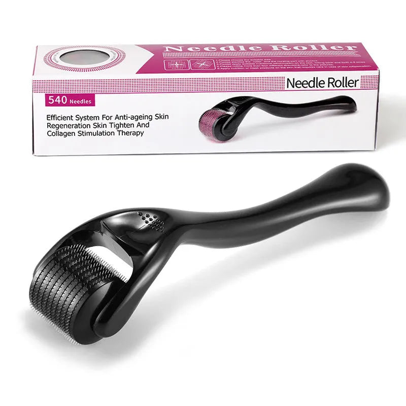 Black and purple derma rollers with titanium microneedles, showing size options from 0.2mm to 1.0mm.