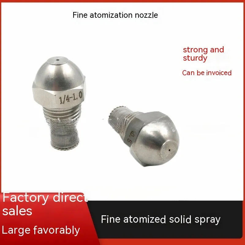 304 stainless steel two-point spray nozzle with 1/4 inch thread and selectable aperture sizes for atomisation.
