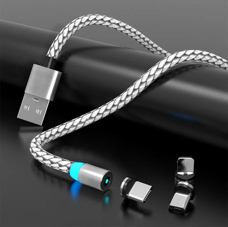 Magnetic smartphone charging cable with breathing light in multiple colour options showing Android and Apple connectors