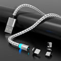 Magnetic smartphone charging cable with breathing light in multiple colour options showing Android and Apple connectors