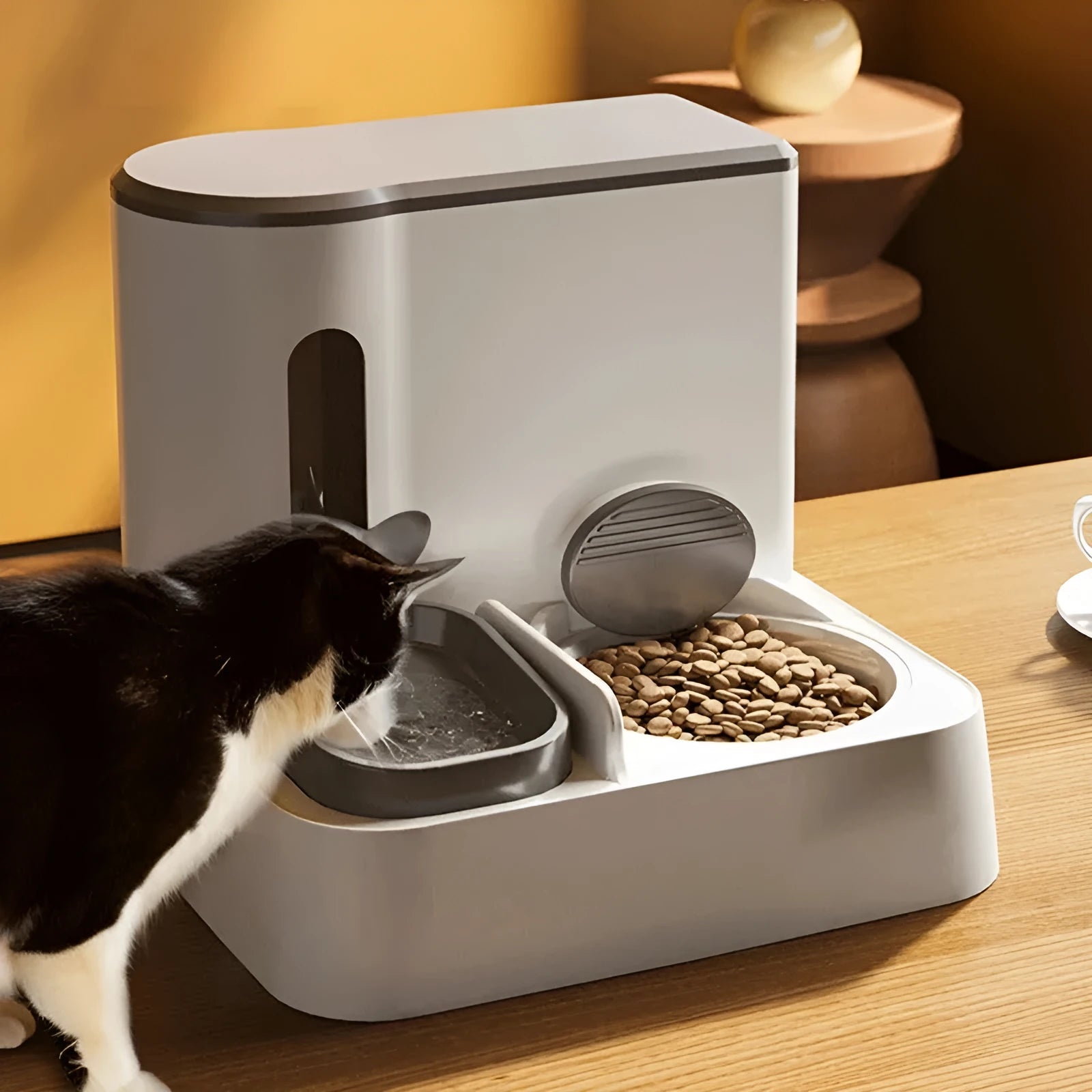 Automatic cat feeder and water dispenser with integrated double bowl in grey, green, or yellow