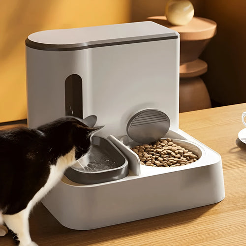 Automatic cat feeder and water dispenser with integrated double bowl in grey, green, or yellow