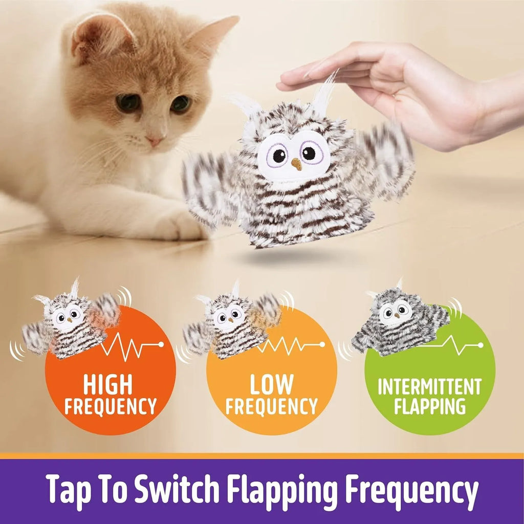 Grey rechargeable automatic owl cat toy with flapping wings for indoor cats