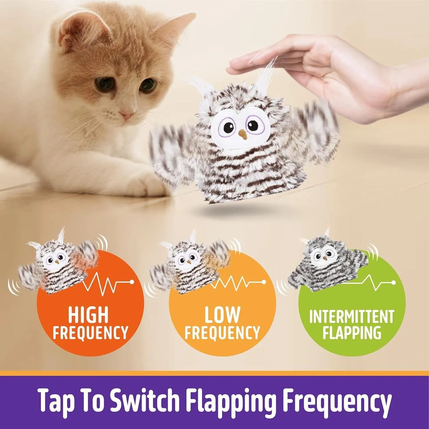 Grey rechargeable automatic owl cat toy with flapping wings for indoor cats