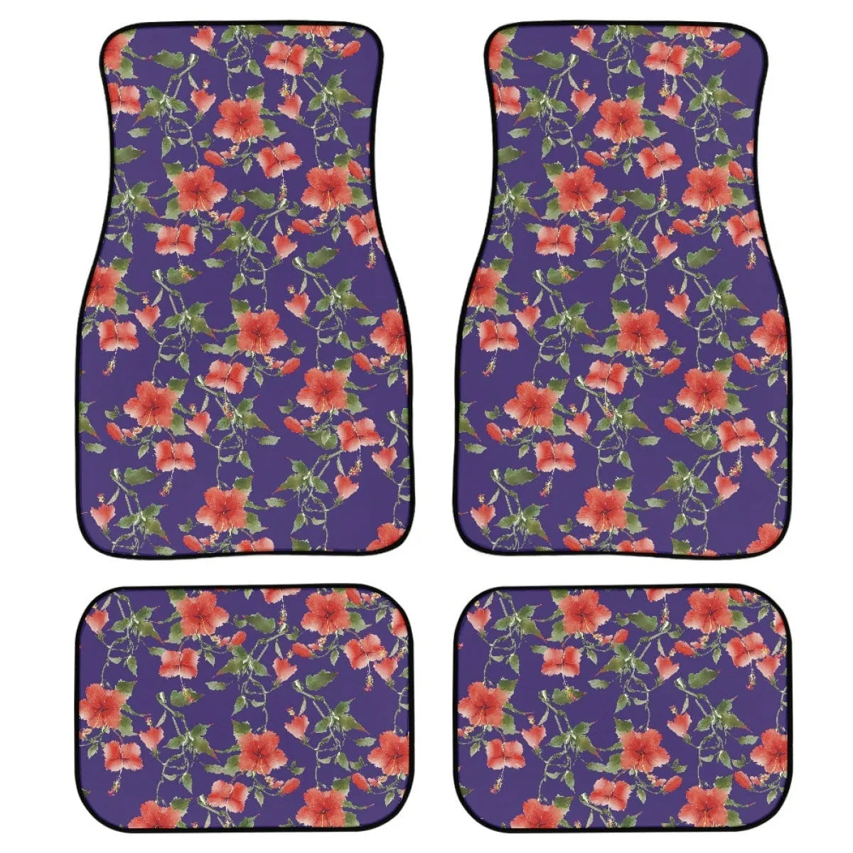 Black printed rubber car floor mats in a four-piece set, showing textured surface and 20mm thickness.